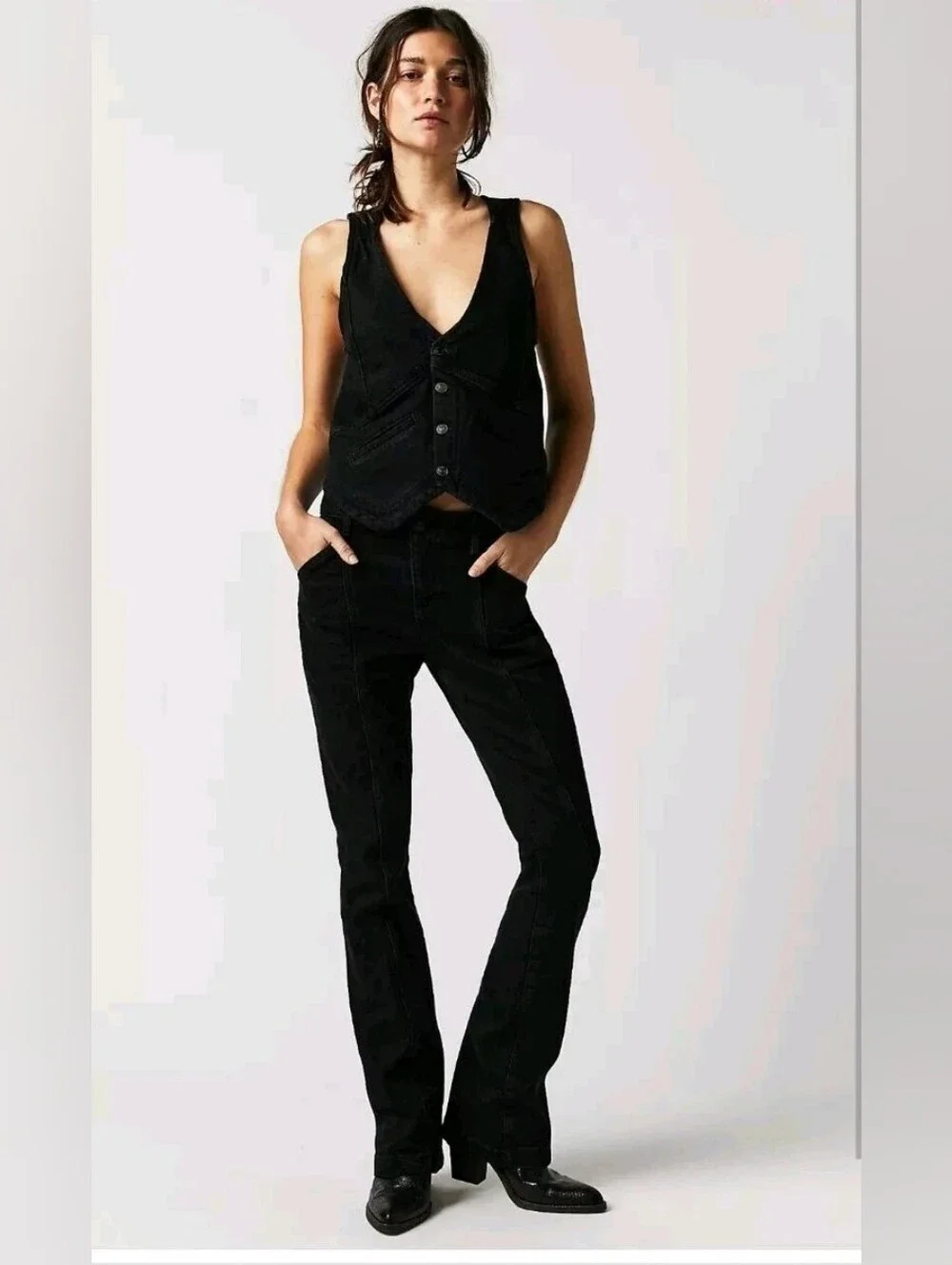 Free People Black Denim Vest With Tie Back